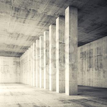 Abstract architecture background, empty interior with concrete walls and columns. Square composed 3d illustration with retro toned filter