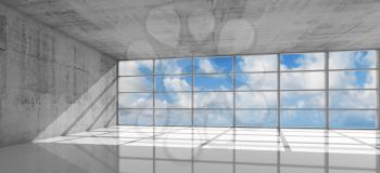 Abstract architecture, empty concrete interior with bright windows, 3d illustration with blue sky background