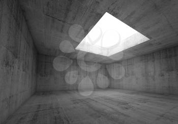Abstract architecture background, empty dark concrete room interior with white opening in ceiling, 3d illustration