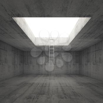 Metal ladder goes to the light out from the dark concrete room interior, 3d illustration