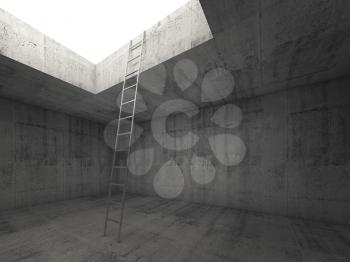 Metal ladder goes to the light out from the dark concrete interior, 3d render illustration