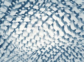 Abstract digital background with chaotic blue square pattern on a curved surface, 3d illustration