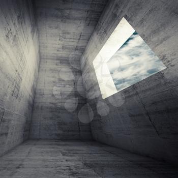 Abstract architecture background, dark concrete room interior with empty window. 3d illustration with cloudy sky outside