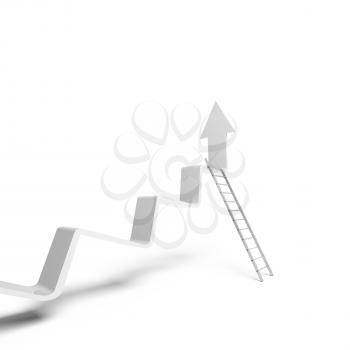 Broken trend line going up, metal ladder stands leaning. 3d illustration isolated on white background