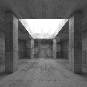 Abstract architecture background, empty dark concrete room interior with white square opening in ceiling and columns, 3d illustration, front view