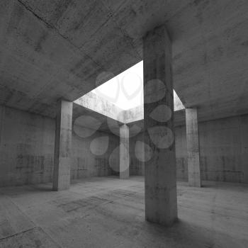 Abstract architecture background, empty dark concrete room interior with white square opening in ceiling and columns, 3d illustration
