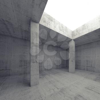Abstract architecture background, empty dark concrete room interior with white opening in ceiling and columns, 3d illustration