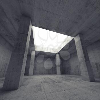 Abstract architecture background, empty dark concrete room interior with columns and opening in ceiling, 3d illustration