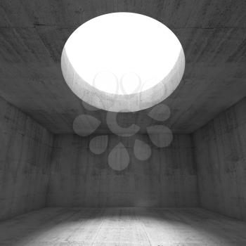 Abstract empty dark concrete 3d illustration interior background with light going through the round hole in a ceiling