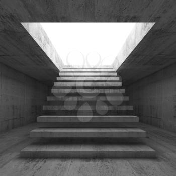 Abstract empty dark concrete 3d illustration interior background with stairway going up and out, front view