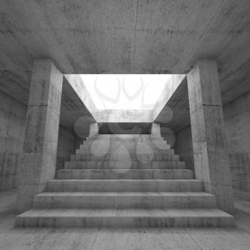 Abstract empty dark concrete interior background with columns and the stairway going up to the light,  3d render illustration