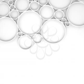 Abstract digital background pattern with rings and shadows over white backdrop, 3d illustration