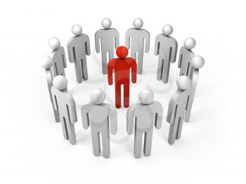 Twelve abstract white 3d people figures stand in ring with one red person inside isolated on white. Illustration concept of leadership, teamwork, individuality, condemnation, social network business