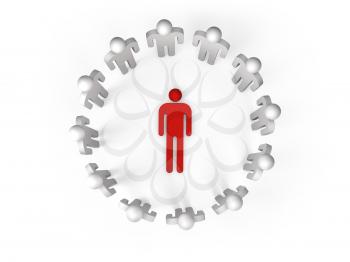 Twelve abstract white 3d people stand in ring with one red lying person inside isolated on white, top view