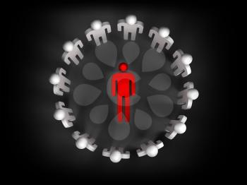 Twelve abstract white 3d people stand in ring with one red lying person inside, illustration isolated on black, top view