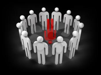 One red extraordinary person is standing on his head in a ring of ordinary 3d people figures, illustration isolated on black