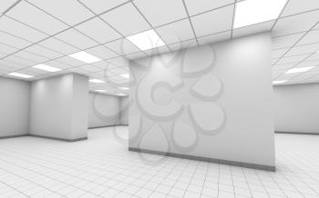 Abstract white empty office interior with column, ceiling lights and floor tiling, 3d illustration