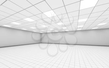 Abstract wide empty office room interior with white walls, ceiling illumination and floor tiling, 3d illustration