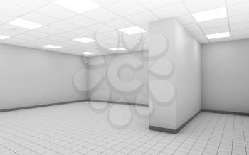 Abstract white empty office room interior with square ceiling lights and floor tiling, 3d illustration
