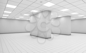 Abstract white empty office room interior with columns, square ceiling lights and floor tiling, 3d illustration