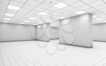 Abstract white empty office room interior with column, ceiling lights and floor tiling, 3d illustration