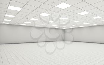 Abstract wide empty office room interior with white walls, ceiling illumination and floor tiling. 3d illustration