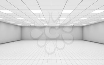 Abstract wide empty office room interior with white walls, ceiling illumination and floor tiling, 3d illustration