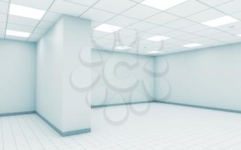 Abstract empty white office room interior with ceiling illumination and floor tiling, 3d illustration