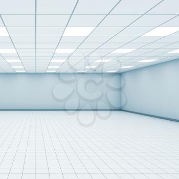 Abstract empty office room interior with light blue walls, ceiling illumination and floor tiling, 3d illustration