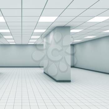 Abstract empty office room interior with column, ceiling lights and floor tiling, 3d illustration
