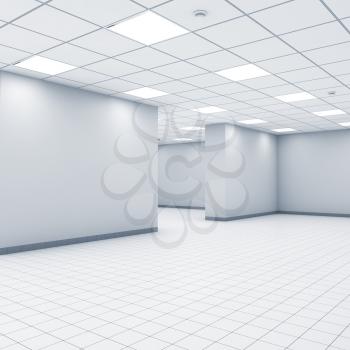 Open space background, abstract empty office interior with white walls, lights and floor tiling, 3d illustration
