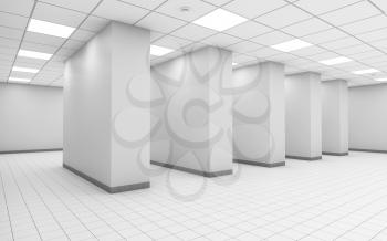 Abstract white empty office room interior with columns in a row, ceiling lights and square floor tiling, 3d illustration