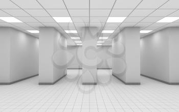 Abstract white empty office room interior with columns in a row, square ceiling lights and floor tiling, 3d illustration, front view
