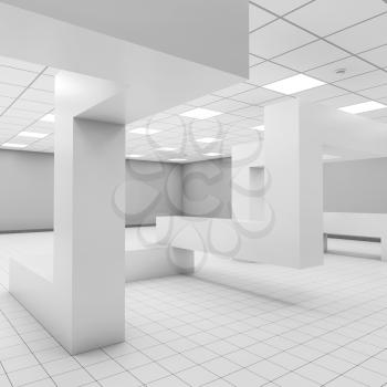 Abstract white empty office interior with chaotic geometric constructions, 3d illustration