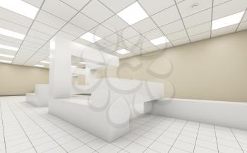 Abstract bright empty office room interior with chaotic geometric construction and yellow walls, 3d illustration