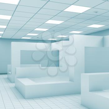 Abstract monochrome empty office room interior with chaotic geometric installation, 3d illustration, square composition