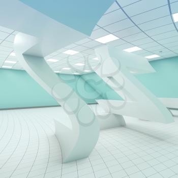 Abstract bent white empty room interior with chaotic geometric installation and colorful illumination, 3d illustration
