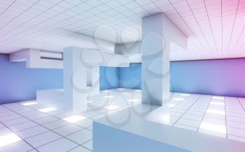 Abstract white empty room interior with chaotic geometric installation and colorful illumination, 3d illustration
