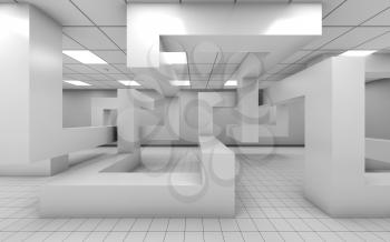 Abstract white empty office room interior with chaotic geometric installation, 3d illustration