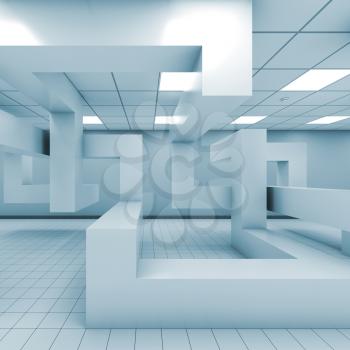 Abstract blue empty office room interior with chaotic geometric installation, 3d illustration