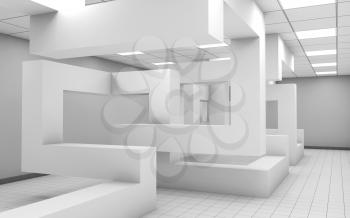 Abstract white empty office room interior with chaotic shaped geometric installation, 3d illustration