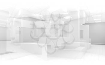 Abstract white office interior background with chaotic cubic geometric constructions, 3d render illustration