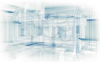 Abstract hi-tech background. White interior with chaotic cubic geometric constructions and wire frame lines, 3d render illustration