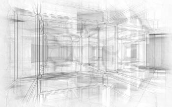 Abstract hi-tech drawings background. White interior with chaotic cubic geometric constructions, paper texture and wire frame lines, 3d render illustration
