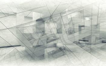 Abstract architecture background, chaotic interior with wire-frame lines, 3d illustration