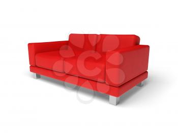 Red sofa isolated on white empty floor background, 3d illustration, perspective view