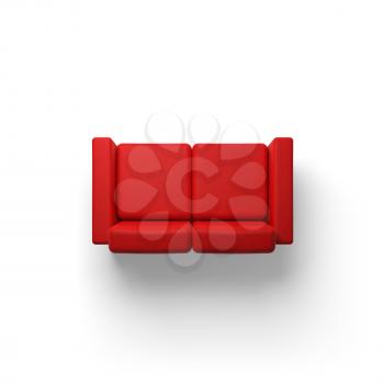 Red sofa isolated on white empty floor background, 3d illustration, top view