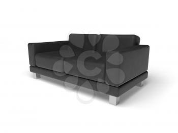 Black sofa isolated on white empty floor background, 3d illustration, perspective view