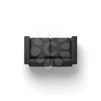 Black sofa isolated on white empty floor background, 3d illustration, top view