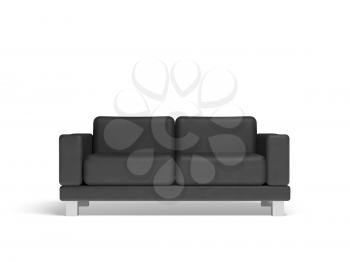 Black sofa isolated on white empty interior background, 3d illustration, front view